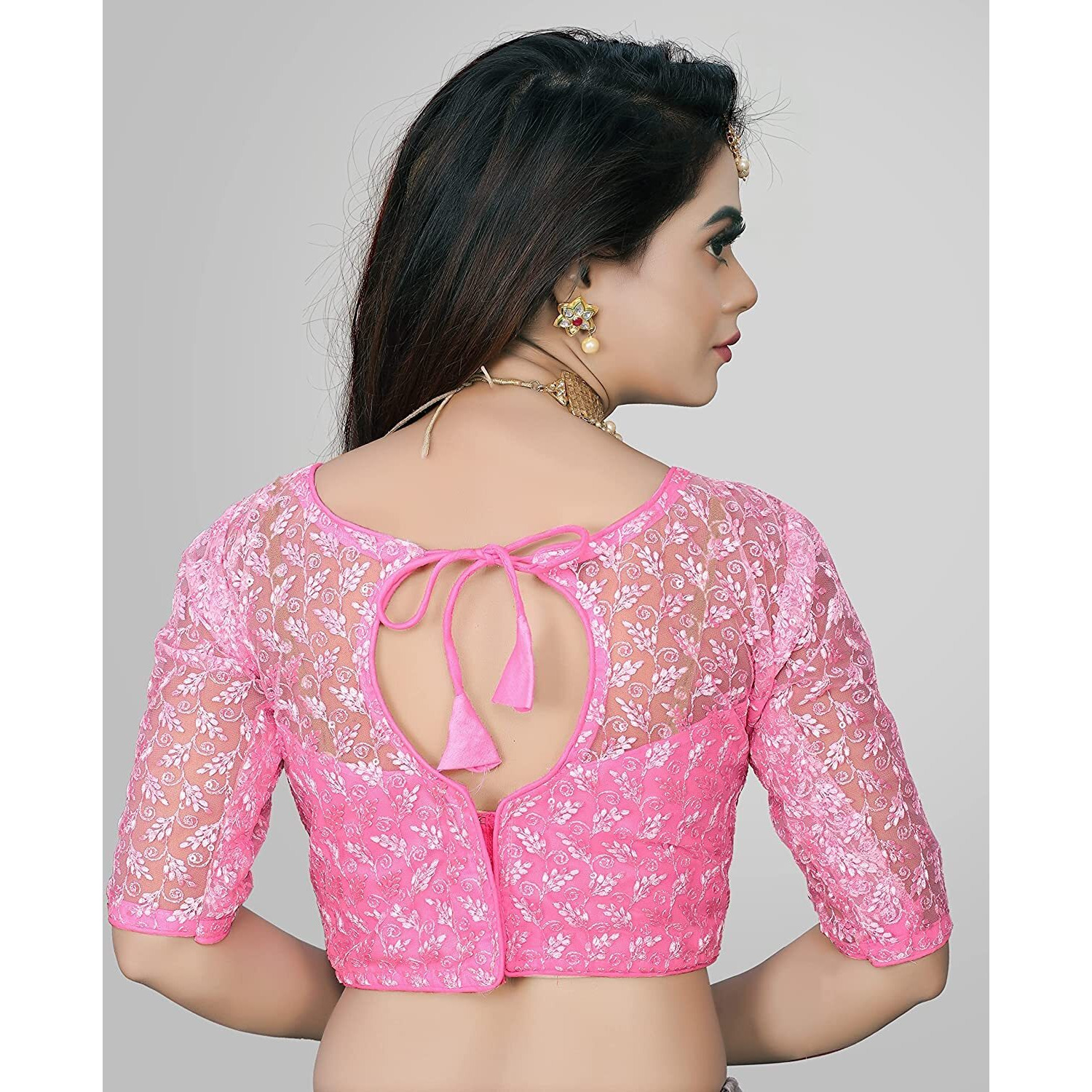 Pujia Mills Women's Shipali Net Work Half Sleeves Blouse (Shipli Patti_ Baby Pink_38)