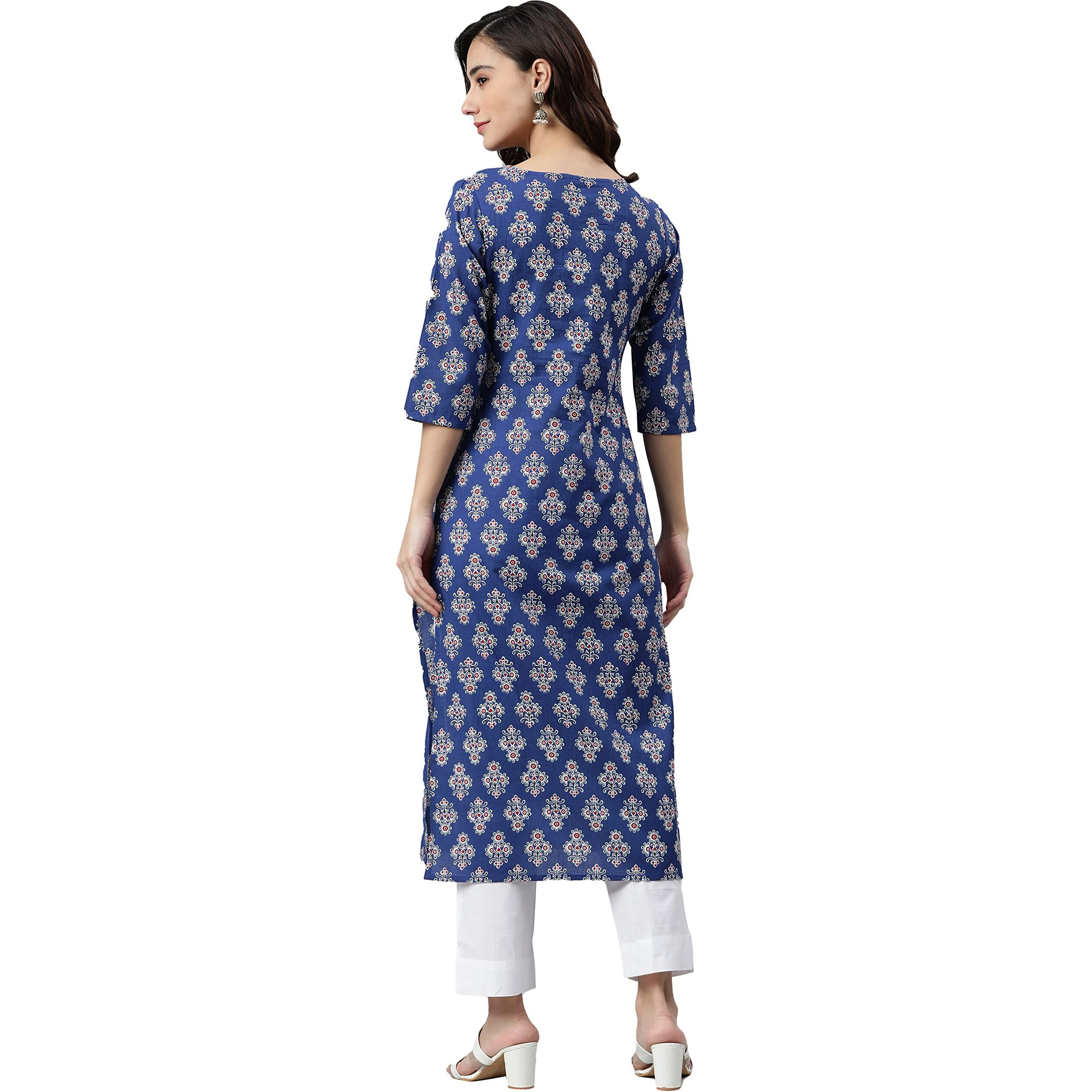 Janasya Women's Cotton Straight Kurta (JNE3806-KR_Blue_XXX-Large)