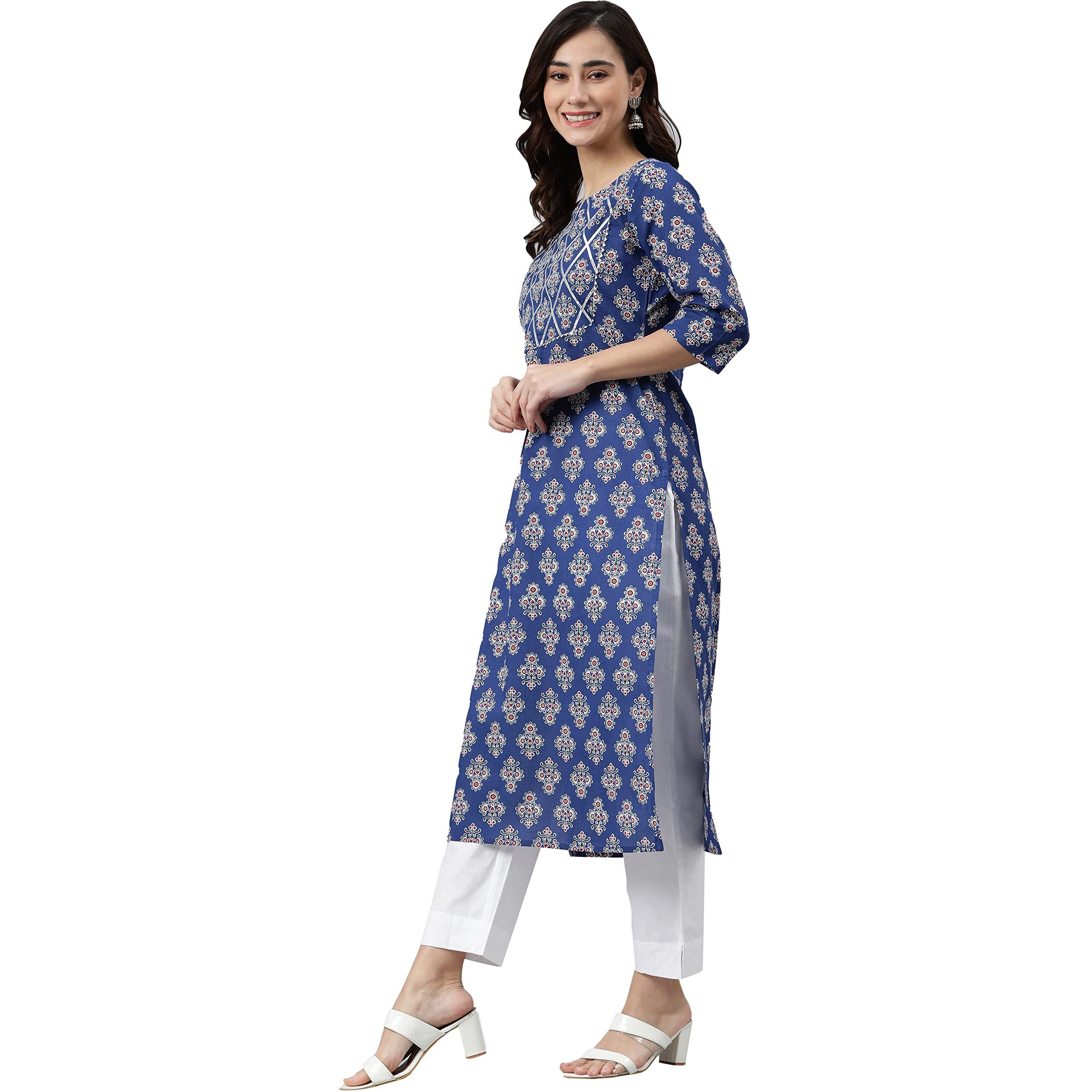 Janasya Women's Cotton Straight Kurta (JNE3806-KR_Blue_XXX-Large)