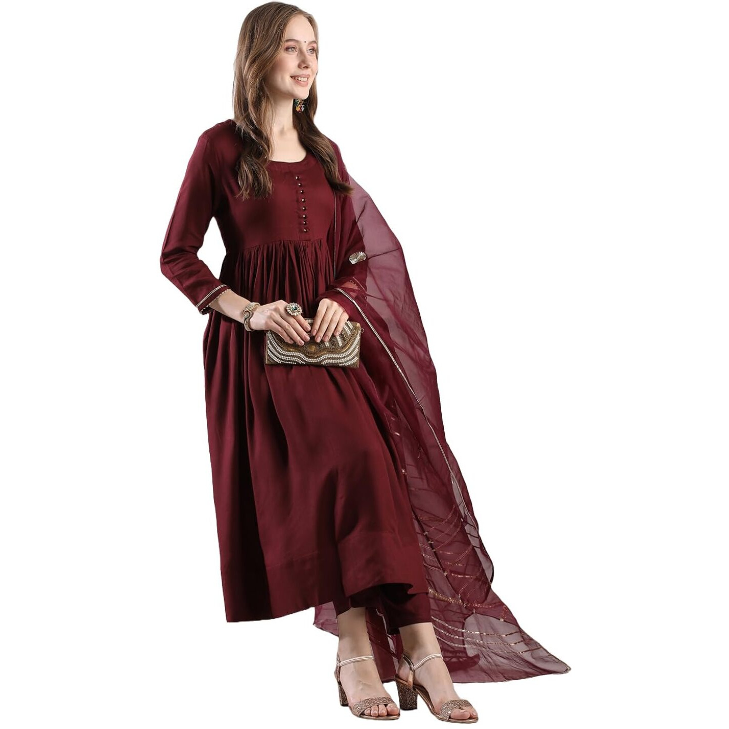GoSriKi Women's Rayon Blend Anarkali Solid Kurta with Pant & Dupatta (JAYNTI WINE-VKS04-GS_S_Wine_Small)