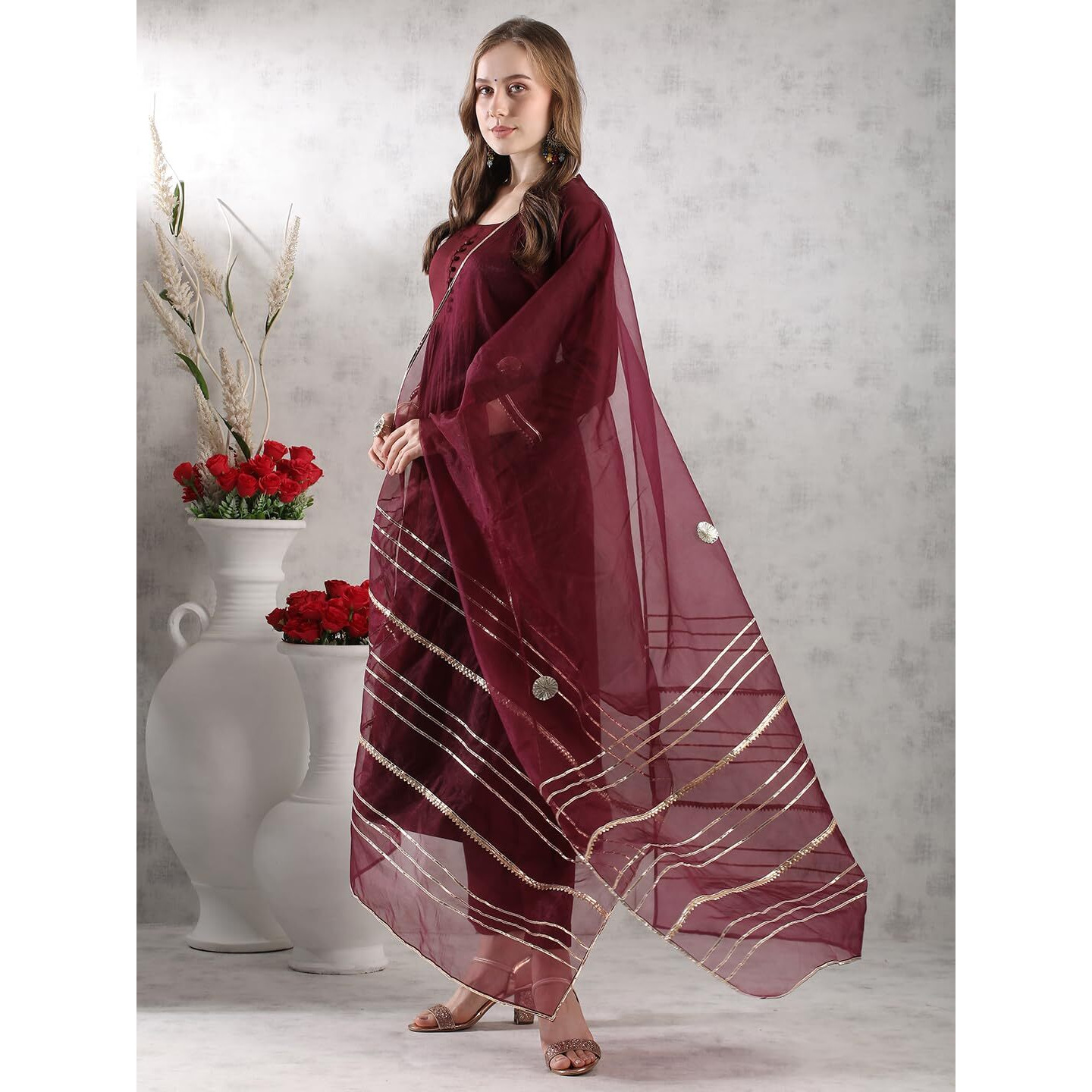 GoSriKi Women's Rayon Blend Anarkali Solid Kurta with Pant & Dupatta (JAYNTI WINE-VKS04-GS_S_Wine_Small)