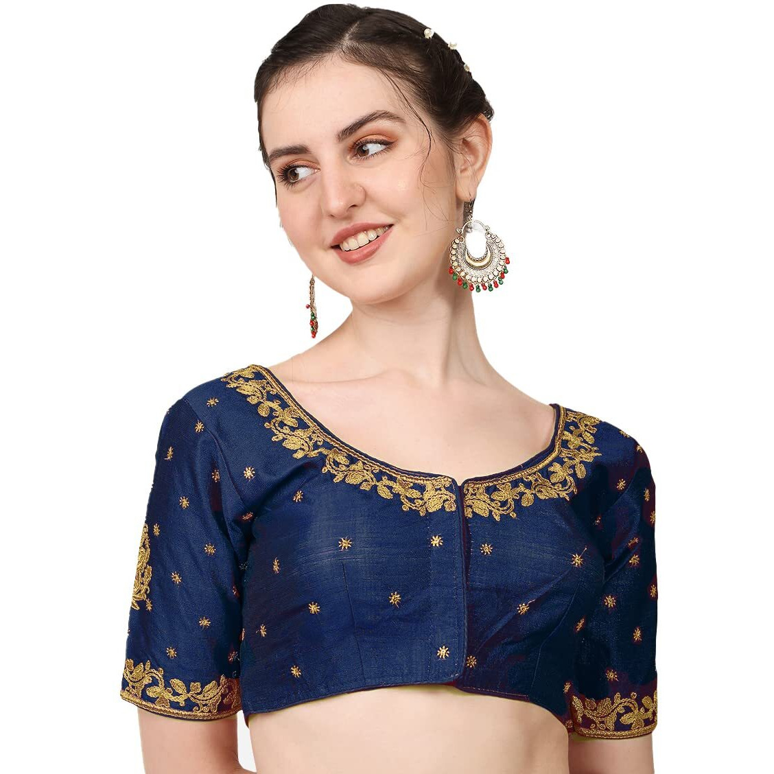 Vihu Fashion Women's Multicolour Phantom Silk Heavy Embroidery Half Sleeve Readymade Saree Blouse for Lehenga Choli (Navy Blue, 38)