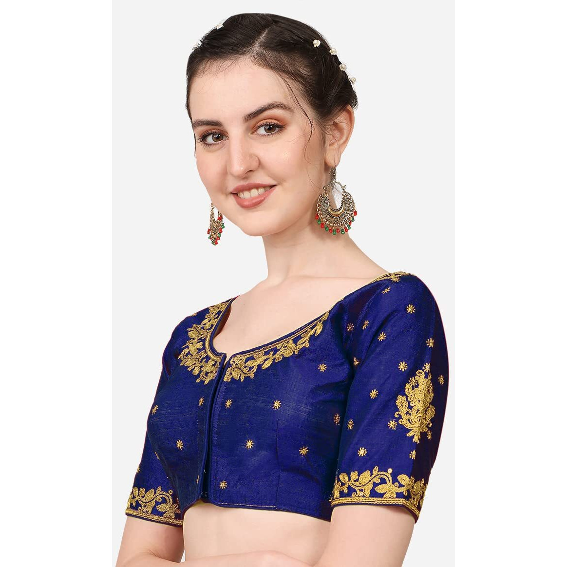 Vihu Fashion Women's Multicolour Phantom Silk Heavy Embroidery Half Sleeve Readymade Saree Blouse for Lehenga Choli (Navy Blue, 38)
