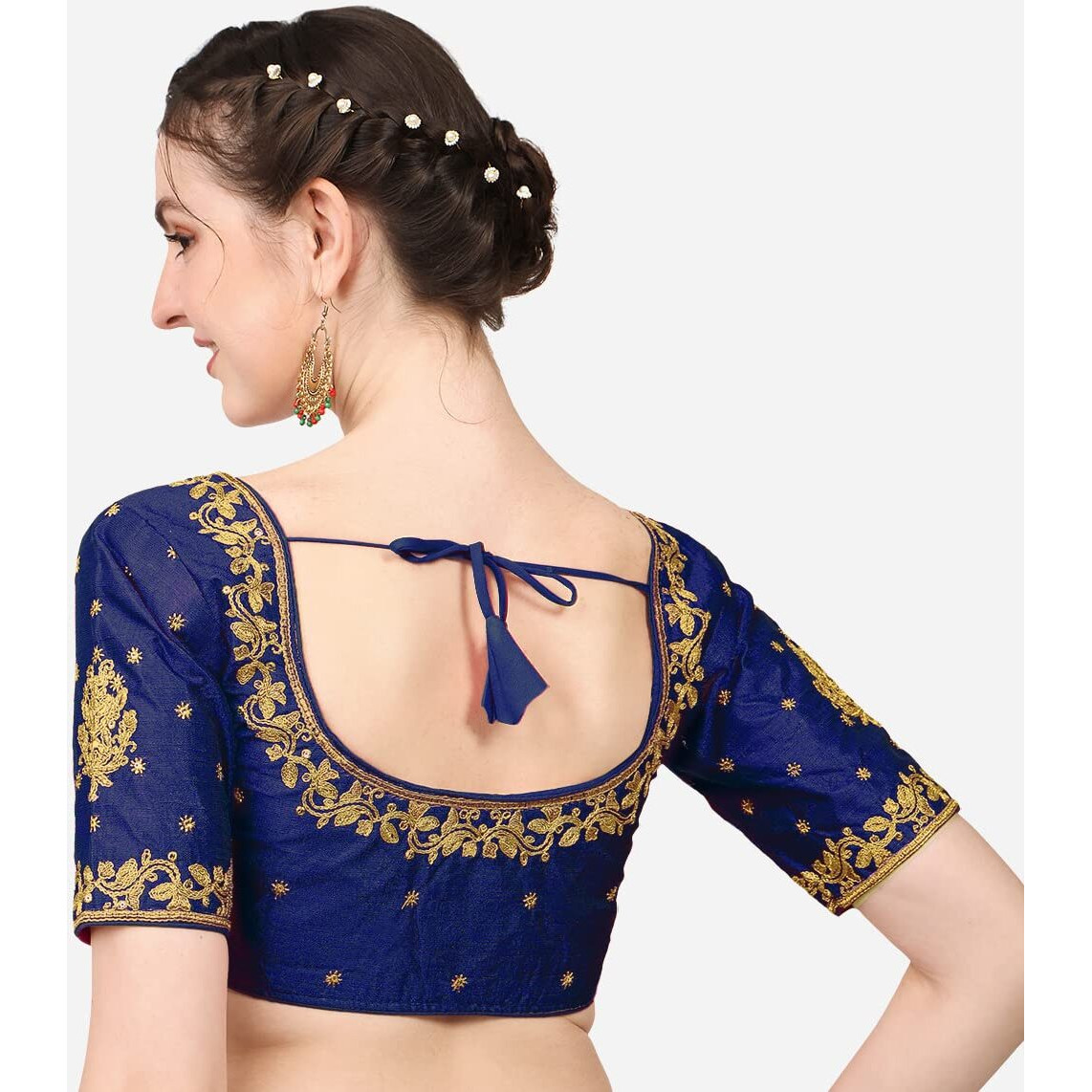 Vihu Fashion Women's Multicolour Phantom Silk Heavy Embroidery Half Sleeve Readymade Saree Blouse for Lehenga Choli (Navy Blue, 38)