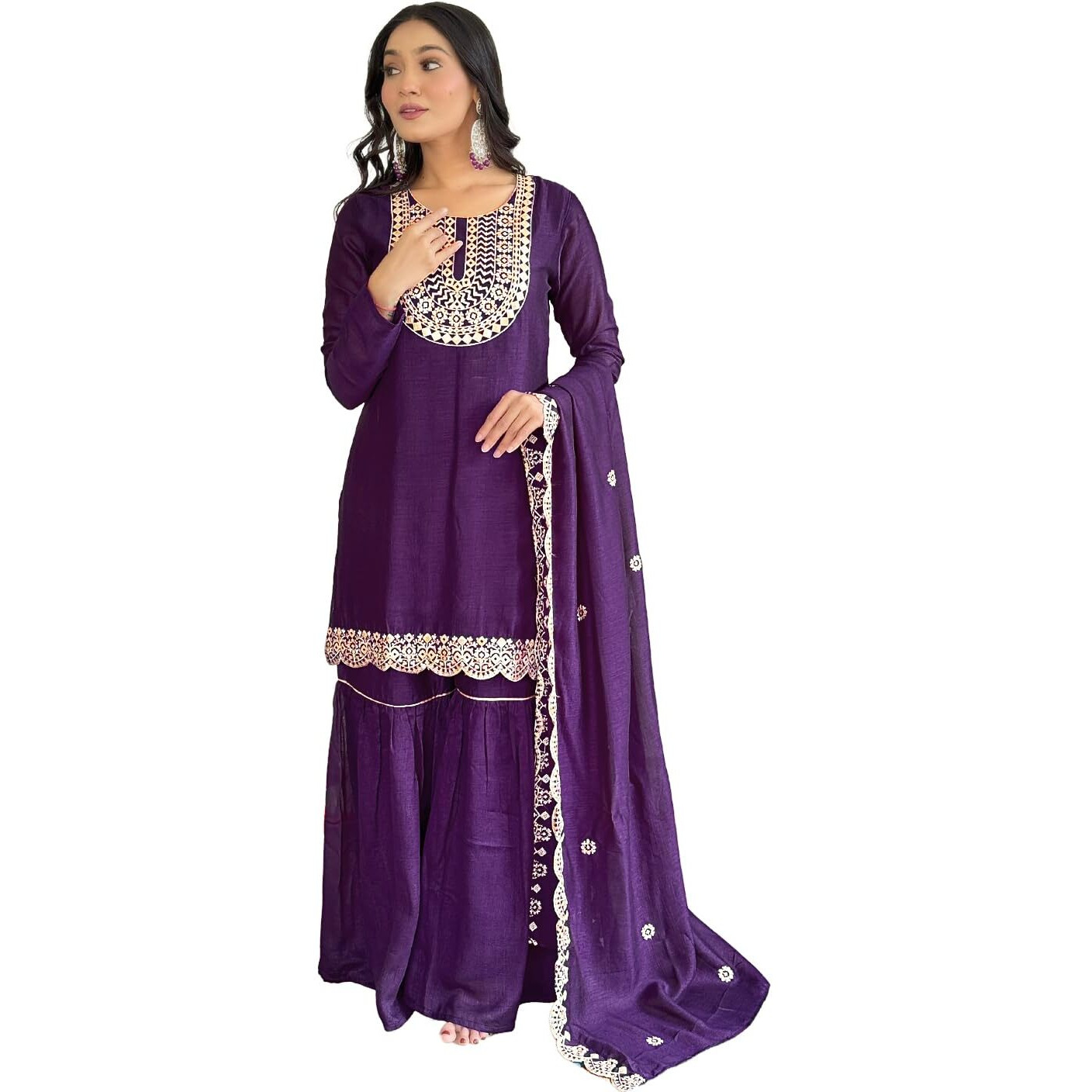 Naixa Women's Wine Vichitra Silk with Lining Embroidered Straight Kurta with Vichitra Silk with Pant and Vichitra Silk Embroidered Dupatta Sets (NX-582-Wine-XL)