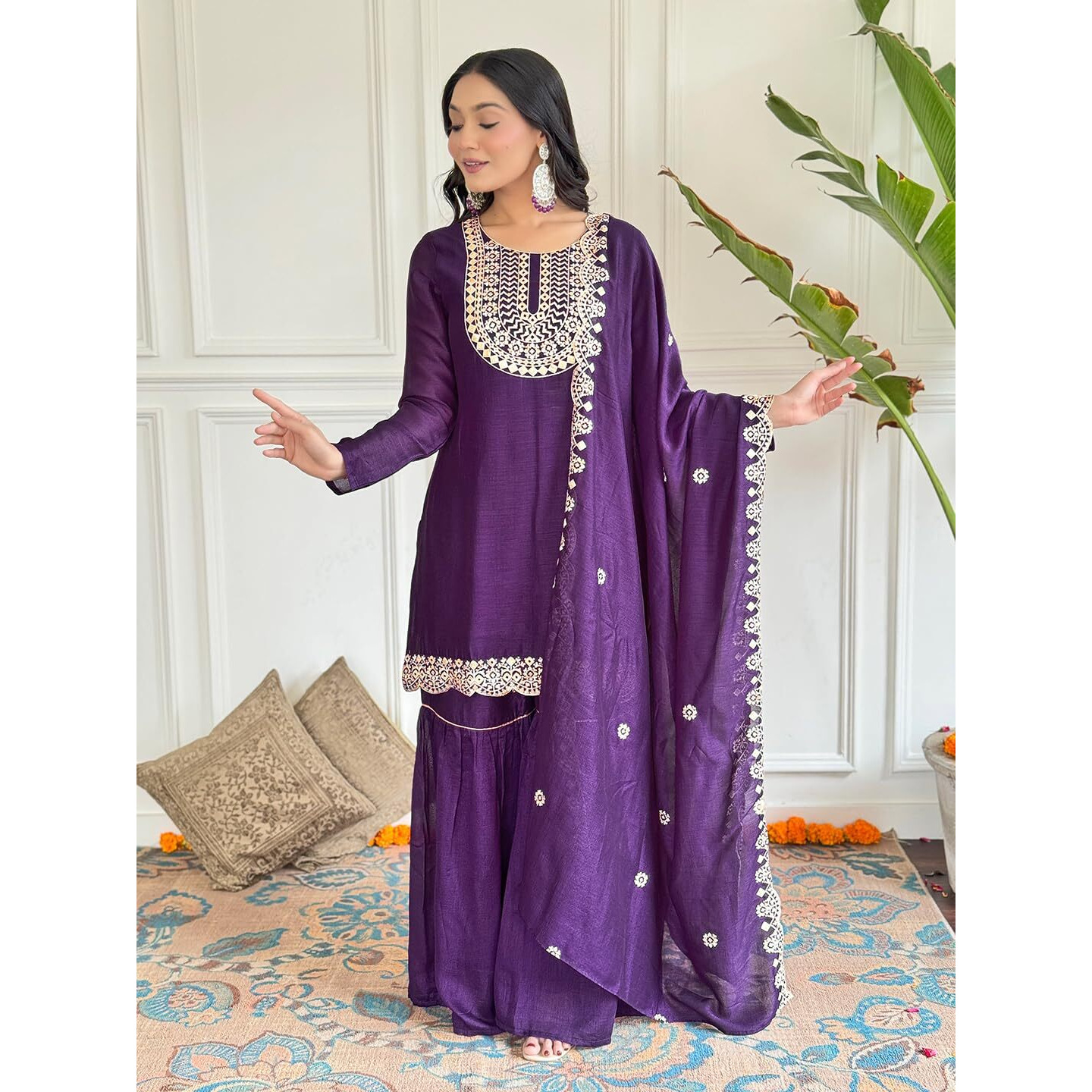 Naixa Women's Wine Vichitra Silk with Lining Embroidered Straight Kurta with Vichitra Silk with Pant and Vichitra Silk Embroidered Dupatta Sets (NX-582-Wine-XL)