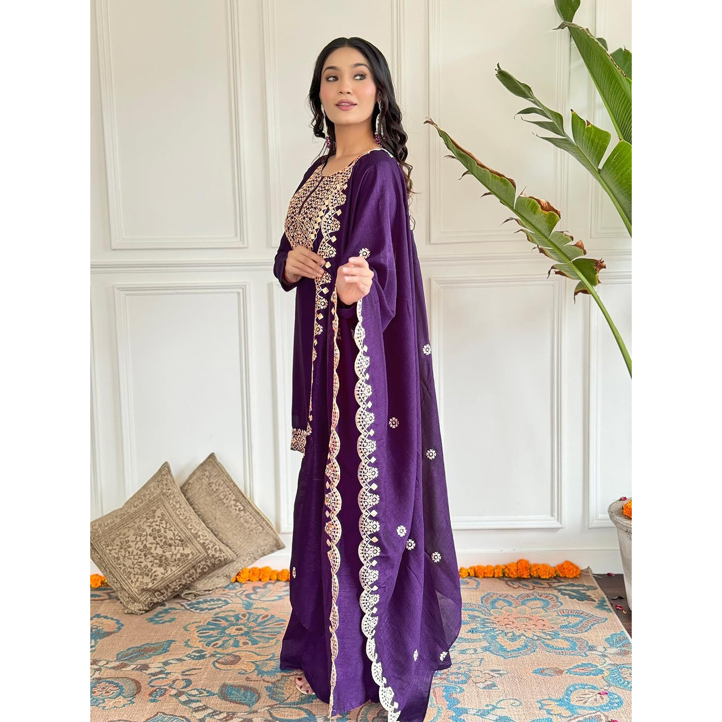 Naixa Women's Wine Vichitra Silk with Lining Embroidered Straight Kurta with Vichitra Silk with Pant and Vichitra Silk Embroidered Dupatta Sets (NX-582-Wine-XL)