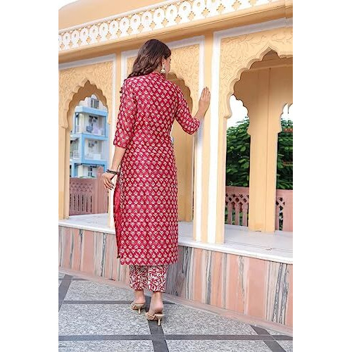 GRECIILOOKS Women Cotton Blend Casual Regular Fit Kurta Set (Red, XXX-Large)