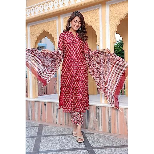 GRECIILOOKS Women Cotton Blend Casual Regular Fit Kurta Set (Red, XXX-Large)