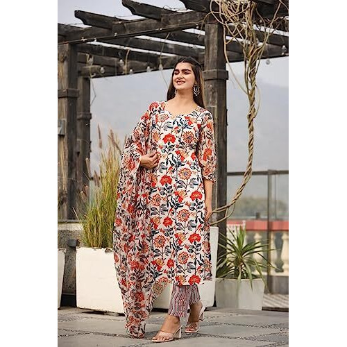 GRECIILOOKS Women Cotton Blend Casual Regular Fit Kurta Set (White, X-Large)