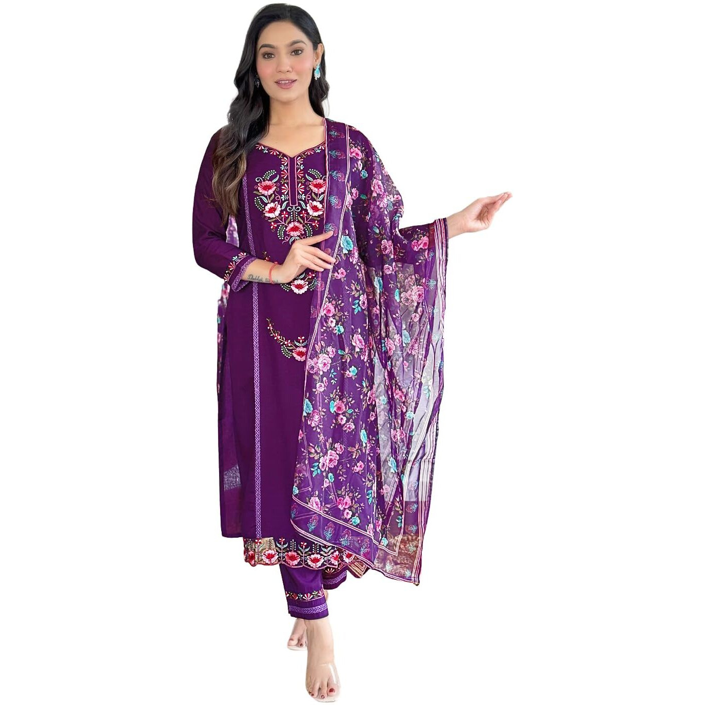 Naixa Women's Wine Chanderi with Cotton Lining Embroidered Straight Kurta with Chanderi Pant and Pure Organza Printed Dupatta Sets (NX-590-Wine-S)
