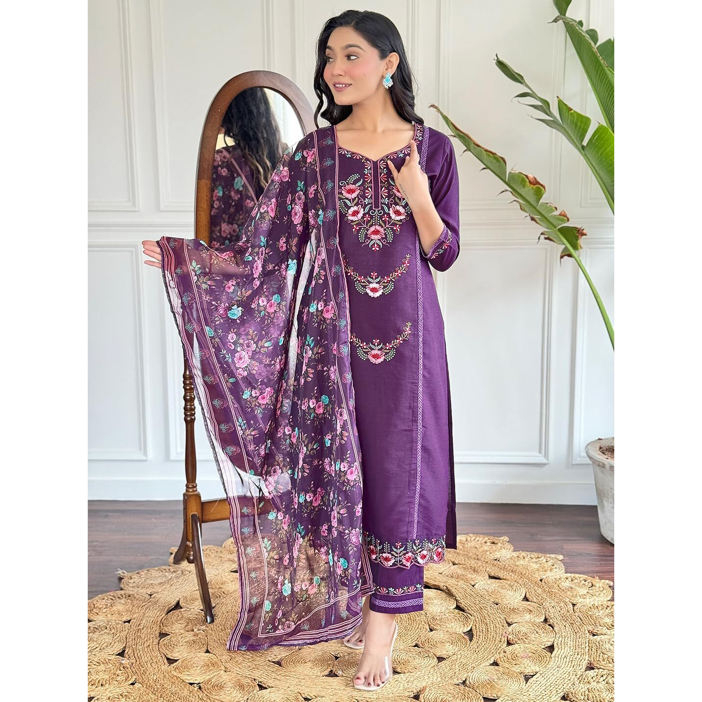Naixa Women's Wine Chanderi with Cotton Lining Embroidered Straight Kurta with Chanderi Pant and Pure Organza Printed Dupatta Sets (NX-590-Wine-S)