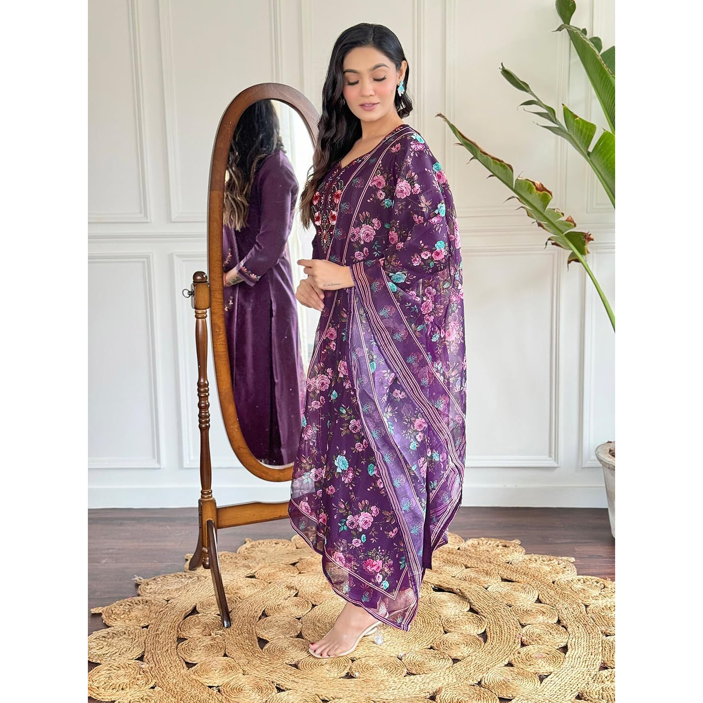Naixa Women's Wine Chanderi with Cotton Lining Embroidered Straight Kurta with Chanderi Pant and Pure Organza Printed Dupatta Sets (NX-590-Wine-S)