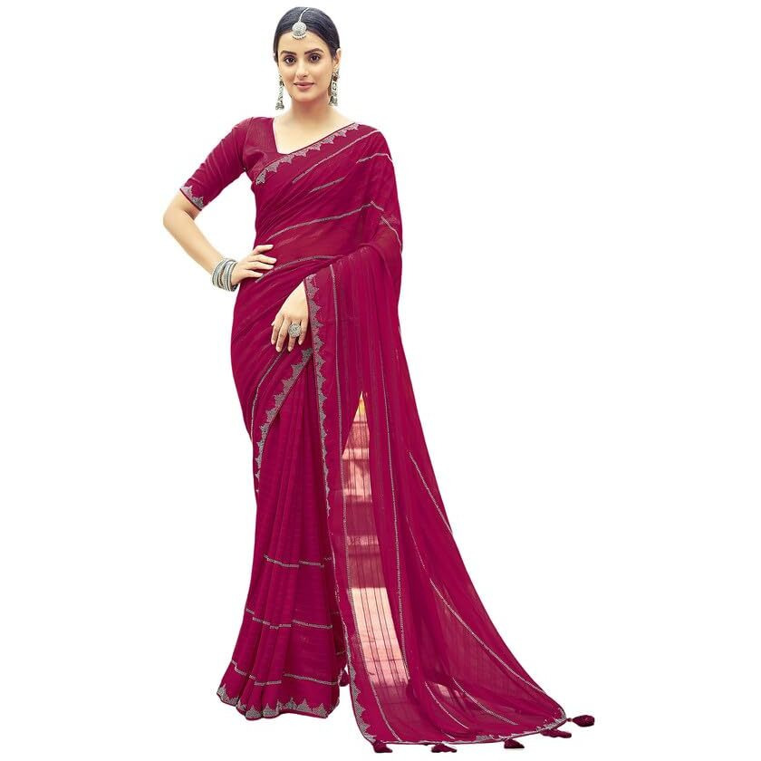 Satrani Women's Georgette Stone Work Border & Piping Border & Tassels Saree with Unstitched Blouse Piece (3432S305N_Pink)
