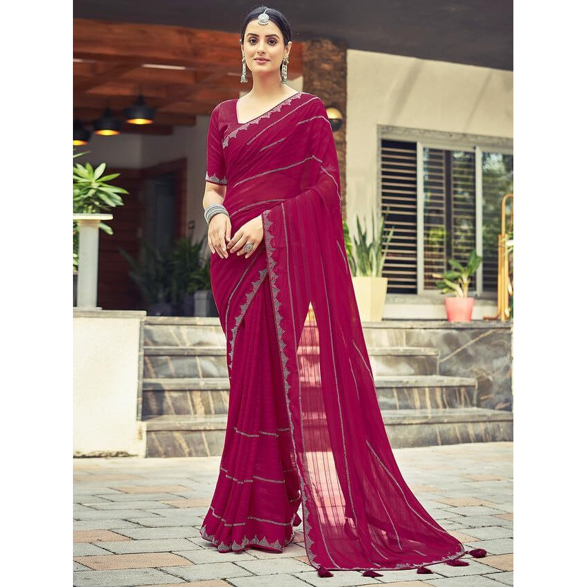 Satrani Women's Georgette Stone Work Border & Piping Border & Tassels Saree with Unstitched Blouse Piece (3432S305N_Pink)