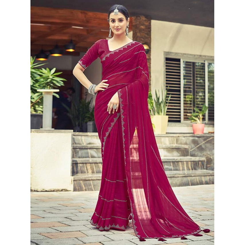 Satrani Women's Georgette Stone Work Border & Piping Border & Tassels Saree with Unstitched Blouse Piece (3432S305N_Pink)