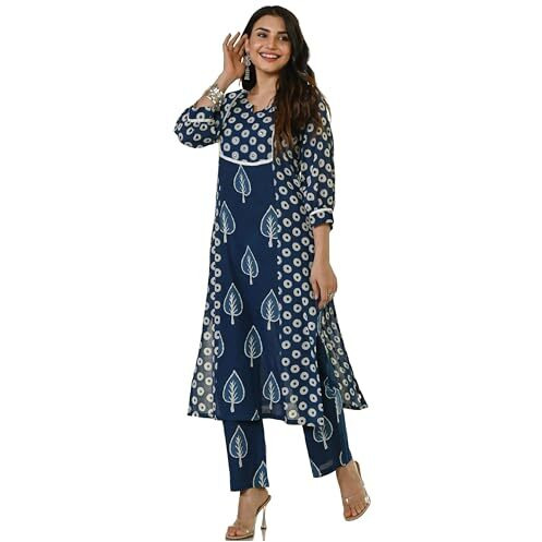 ANNI DESIGNER Women's Cotton Blend Straight Printed Kurta with Pant (Nagina Blue_S_Purple_Small)
