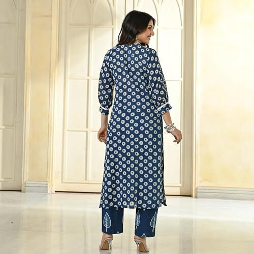 ANNI DESIGNER Women's Cotton Blend Straight Printed Kurta with Pant (Nagina Blue_S_Purple_Small)