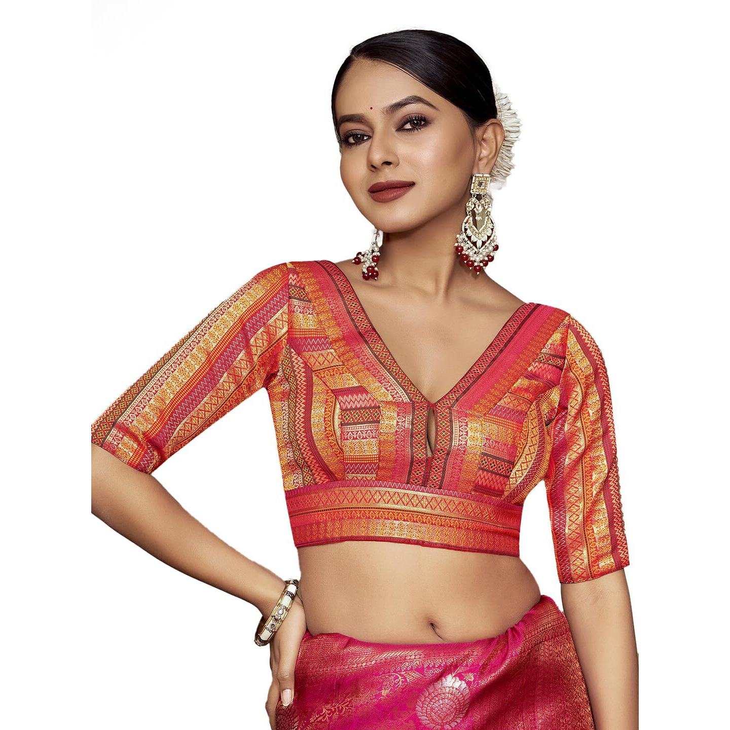 Vardha Women's Readymade Elbow Length Sleeves Golden Zari Saree Blouse (Orange)