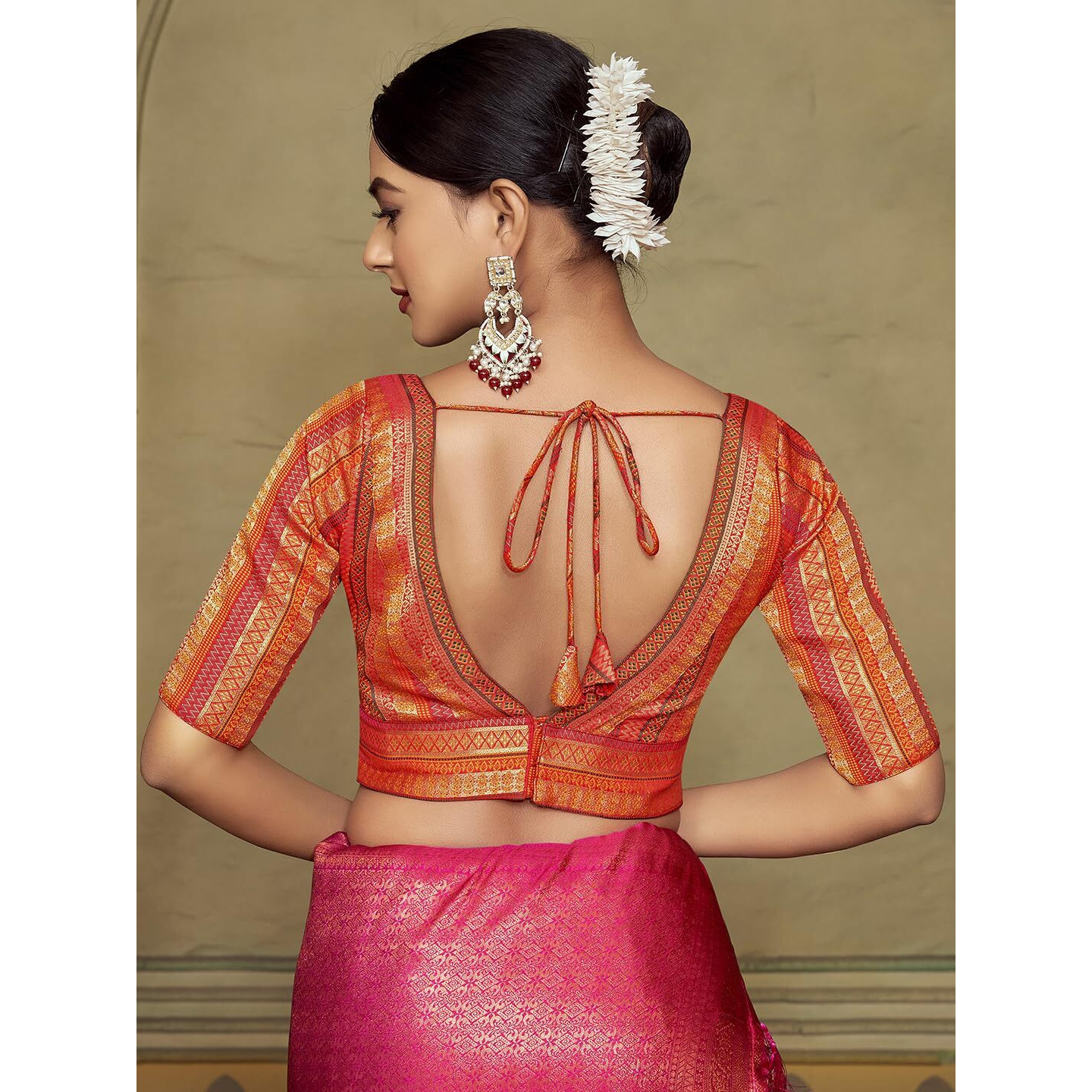 Vardha Women's Readymade Elbow Length Sleeves Golden Zari Saree Blouse (Orange)
