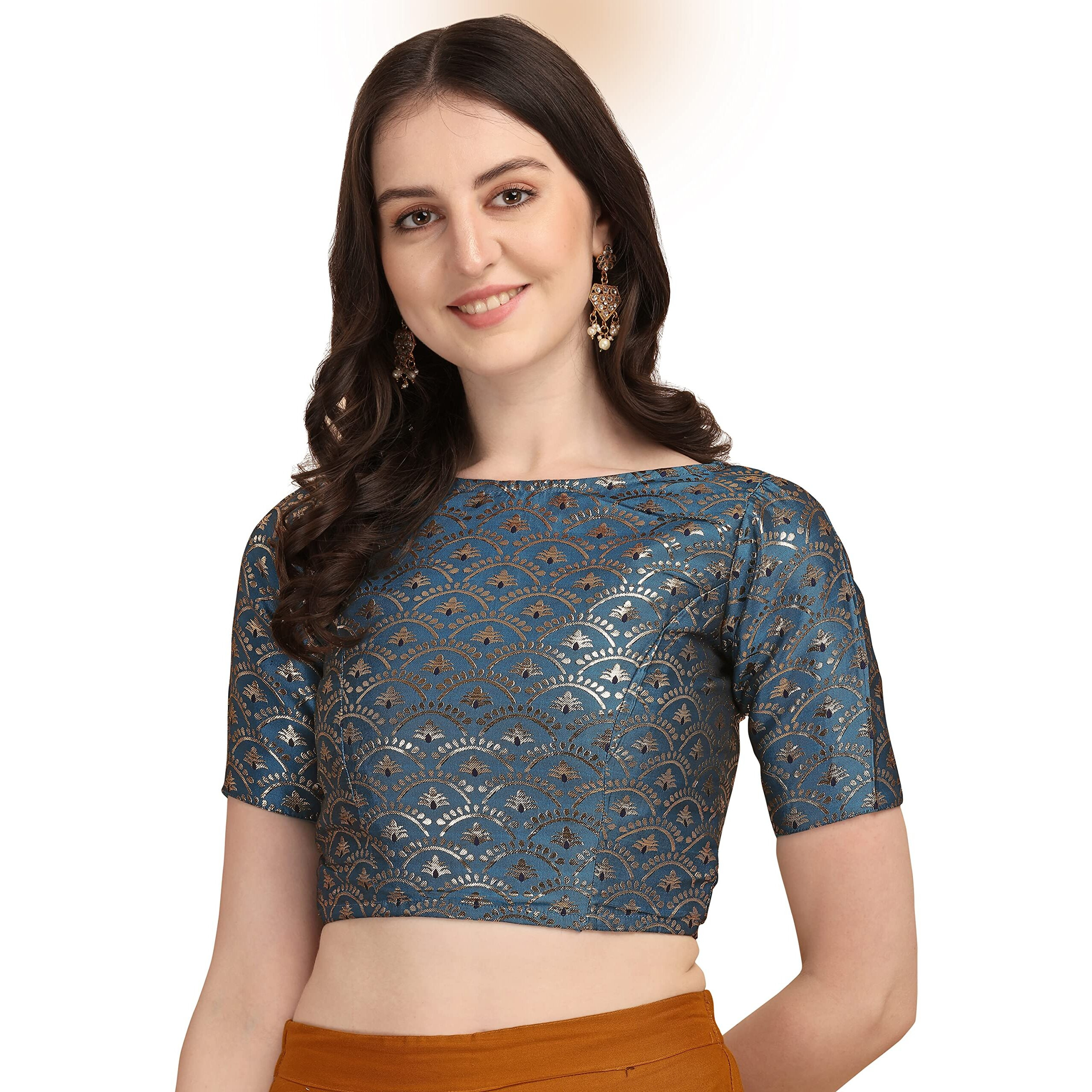 OOMPH Women's Indian Ethnic Wear Designer Zari Work Boat Neck Half Sleeve Dusty Blue Color Blouse for Saree or Lehnga and Palazzos or Skirts for a Fusion Twist.