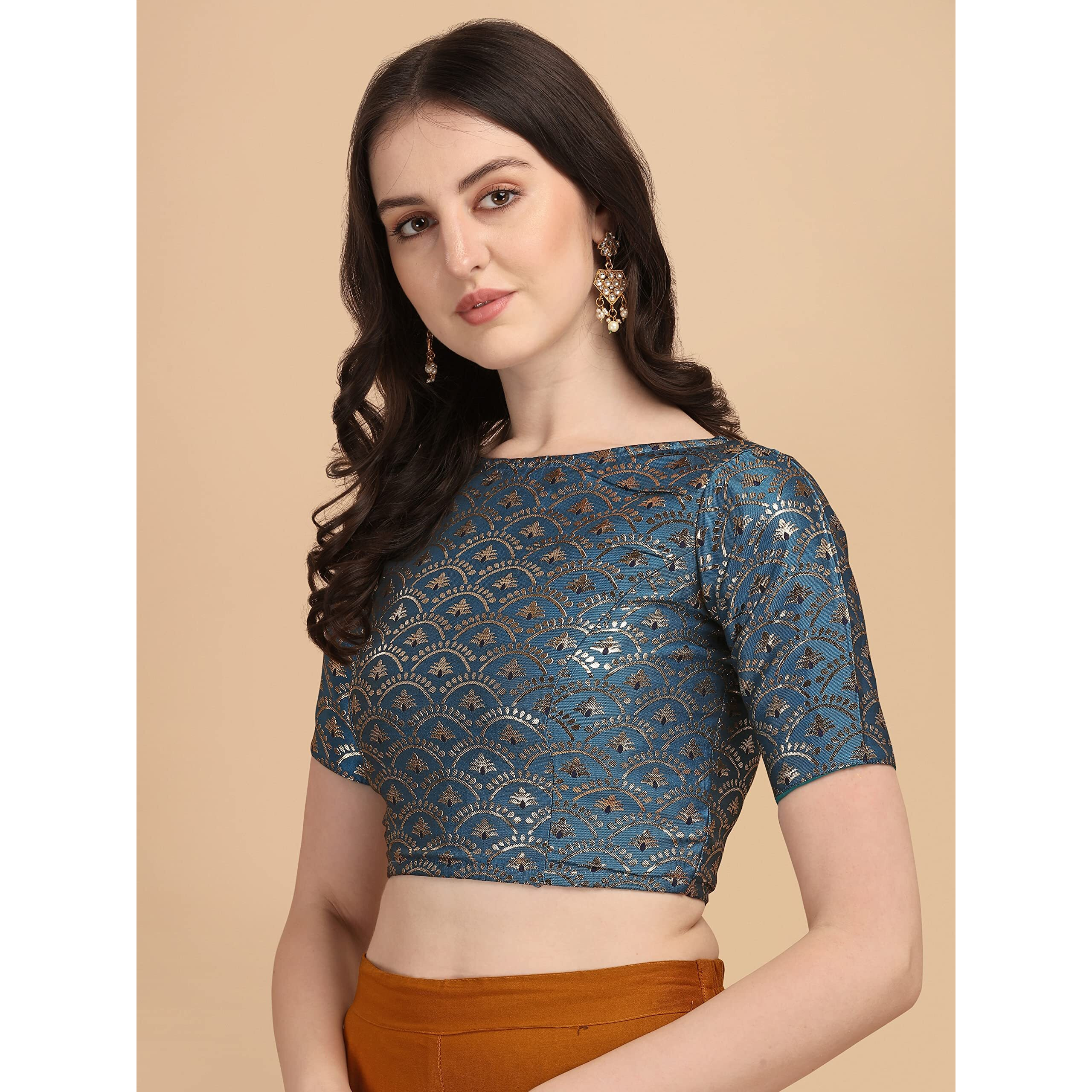 OOMPH Women's Indian Ethnic Wear Designer Zari Work Boat Neck Half Sleeve Dusty Blue Color Blouse for Saree or Lehnga and Palazzos or Skirts for a Fusion Twist.