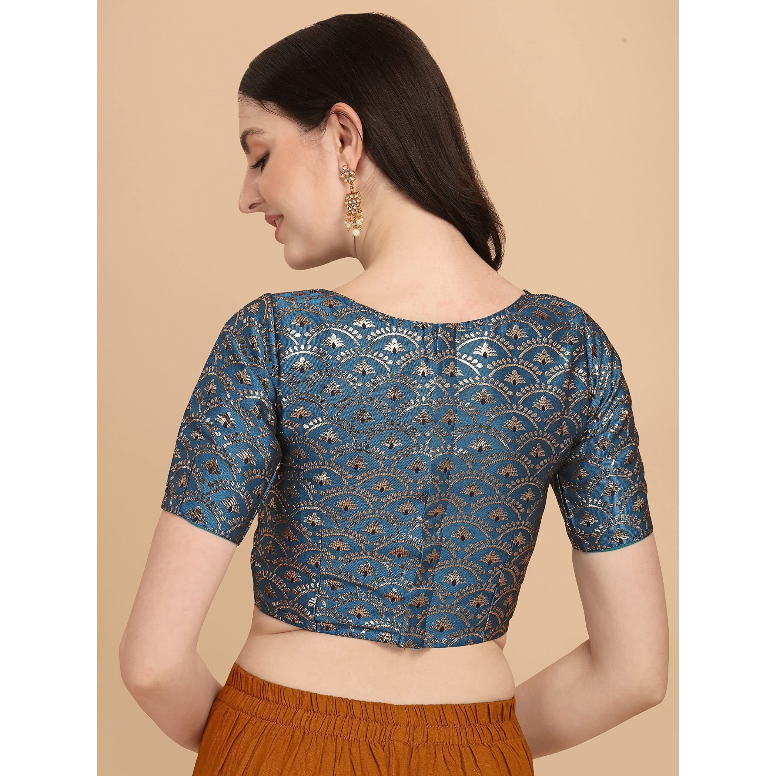 OOMPH Women's Indian Ethnic Wear Designer Zari Work Boat Neck Half Sleeve Dusty Blue Color Blouse for Saree or Lehnga and Palazzos or Skirts for a Fusion Twist.