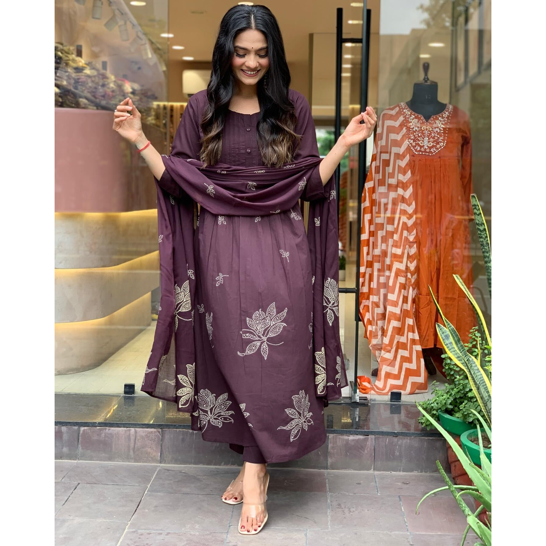 ANNI DESIGNER Women's Rayon Blend Anarkali Printed Kurta with Pant & Dupatta (Gangori Wine_S_Wine_Small)