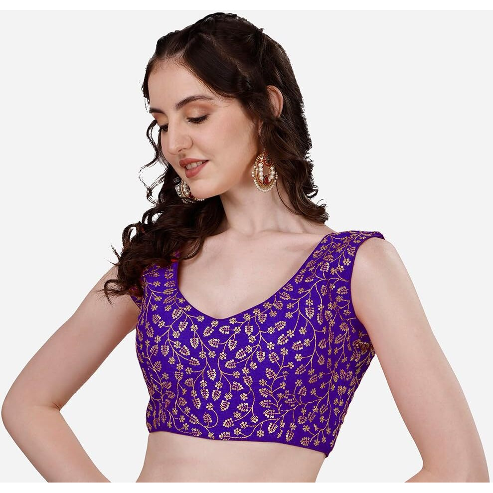 Pujia Mills Women's Sleeveless Blouse for Women Purple Sleeveless Blouse Readymade Embroidery Work Blouse Sleeveless Saree Blouse Choli for Women aari Blouse Readymade (Krishnam Purple 38)