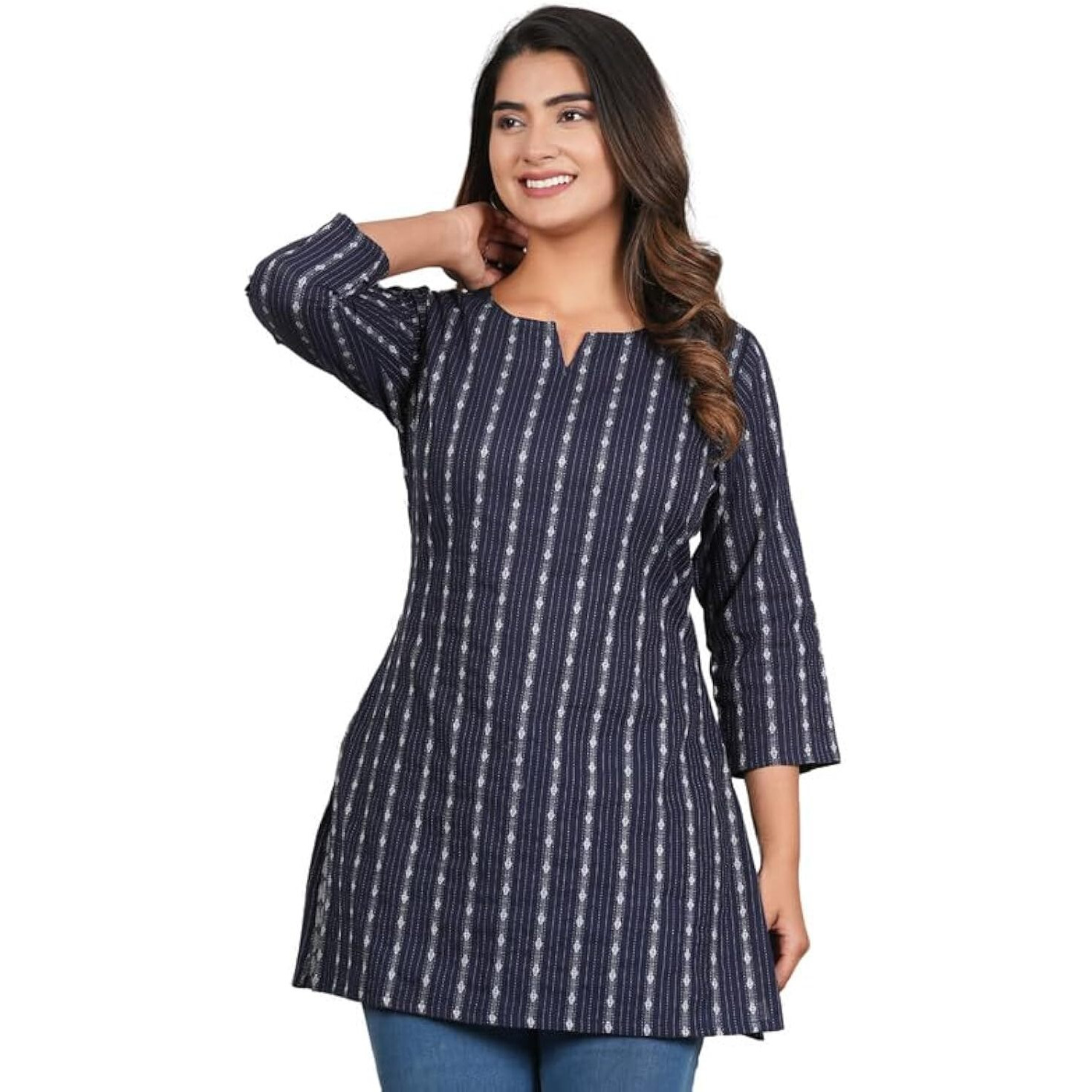 DHANOTA Printed Top for Women | Women Printed Top | Round Neck Short Kurti for Women | Regular Fit Top (Black,S)