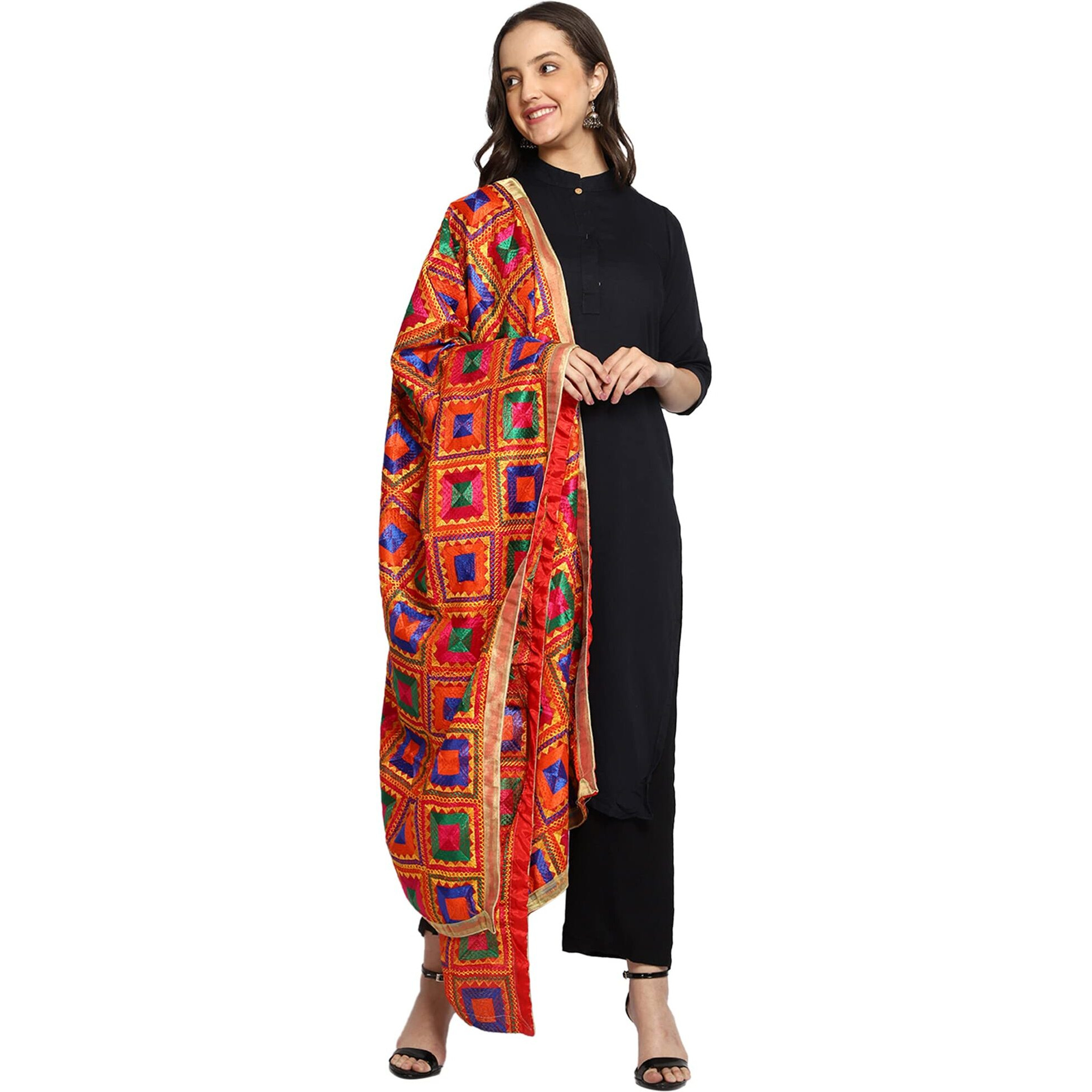 Weavers Villa Women's Polyester Heavy Phulkari Embroided Dupatta, Chunni (Design-7), 2.25 Mtrs