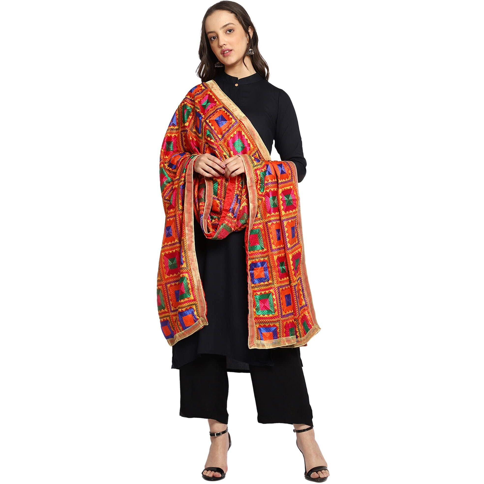 Weavers Villa Women's Polyester Heavy Phulkari Embroided Dupatta, Chunni (Design-7), 2.25 Mtrs