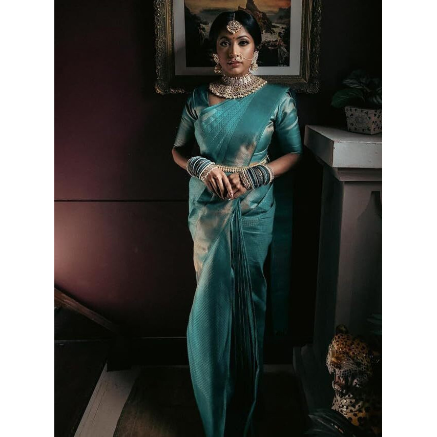 SAMAH Women's Jacquard Art Silk Saree (3583S341N_Sky Blue & Silver)