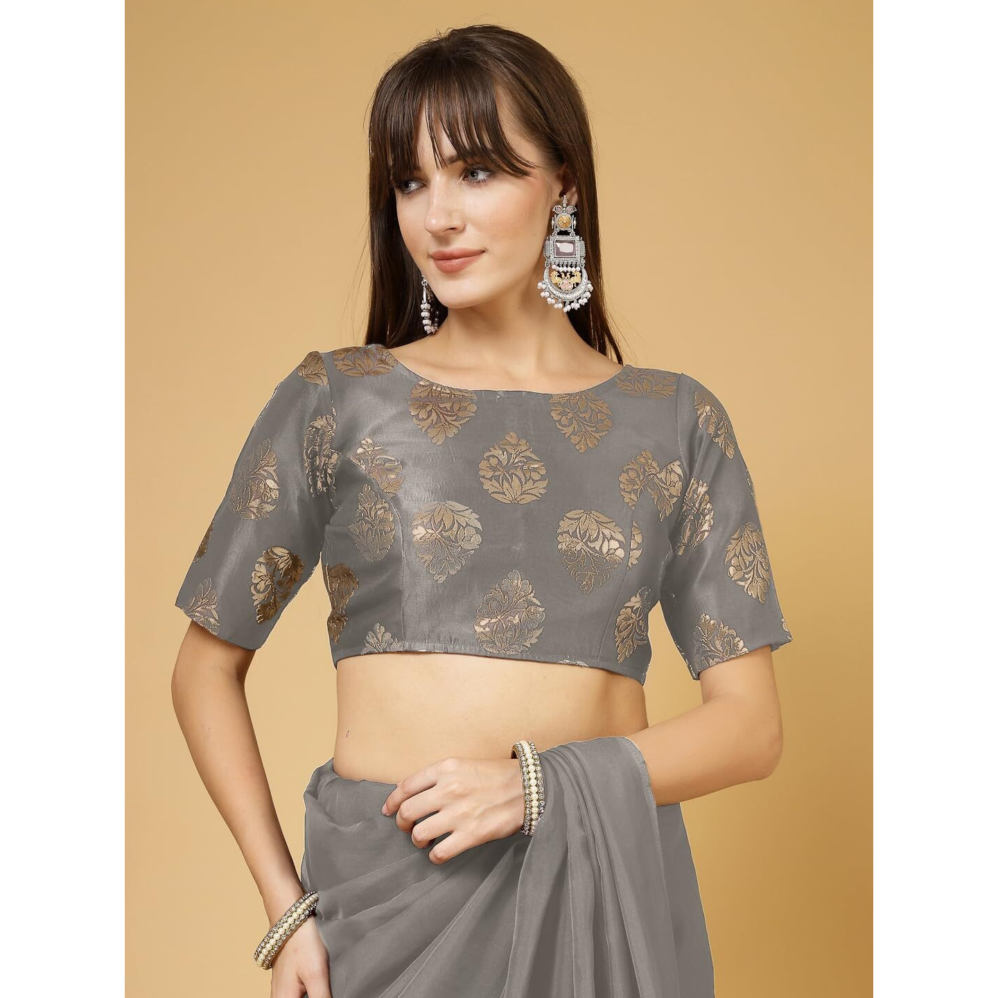 OOMPH Women's Indian Ethnic Wear Designer Big Paisley Pattern Zari Work Boat Neck Half Sleeve Cloud Grey Color Brocade Readymade Blouse for Saree or Lehnga and Fusion Twist. L