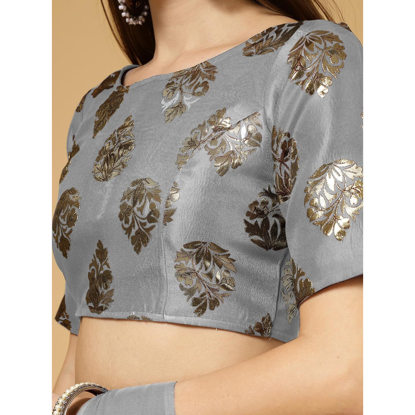 OOMPH Women's Indian Ethnic Wear Designer Big Paisley Pattern Zari Work Boat Neck Half Sleeve Cloud Grey Color Brocade Readymade Blouse for Saree or Lehnga and Fusion Twist. L
