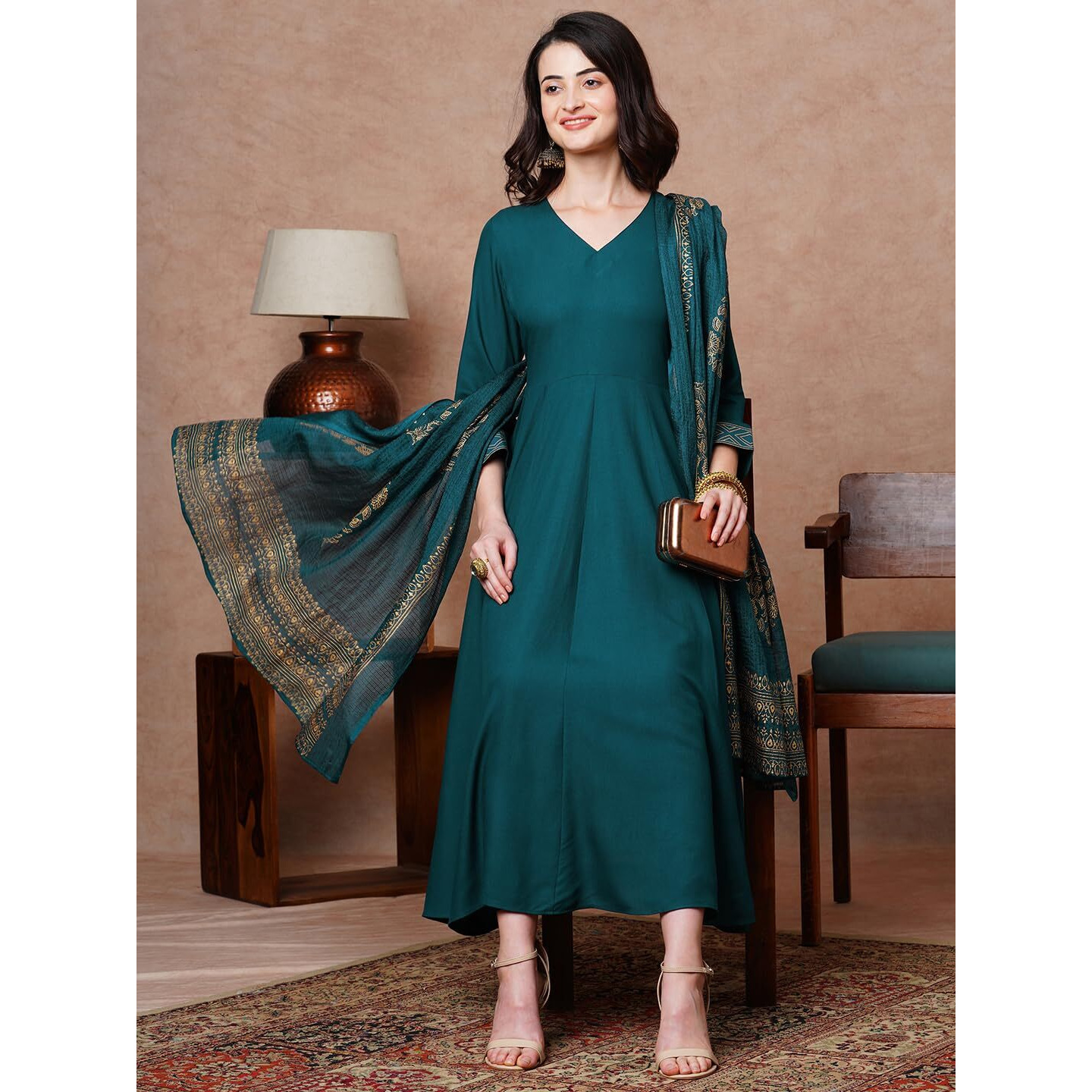 ANNI DESIGNER Women's Rayon Blend Solid Anarkali Kurta with Pant & Dupatta (Magic-KEROSIN-NDM_M_Dark Blue_Medium)