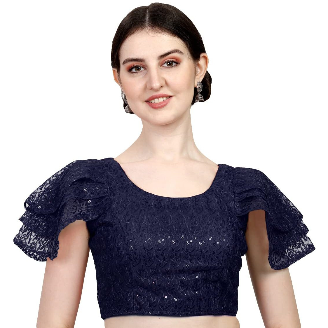 Pujia Mills Women's Multicolore Shifly Net Work Ruffle Sleeves Readymade Saree Blouse for Lehenga Choli