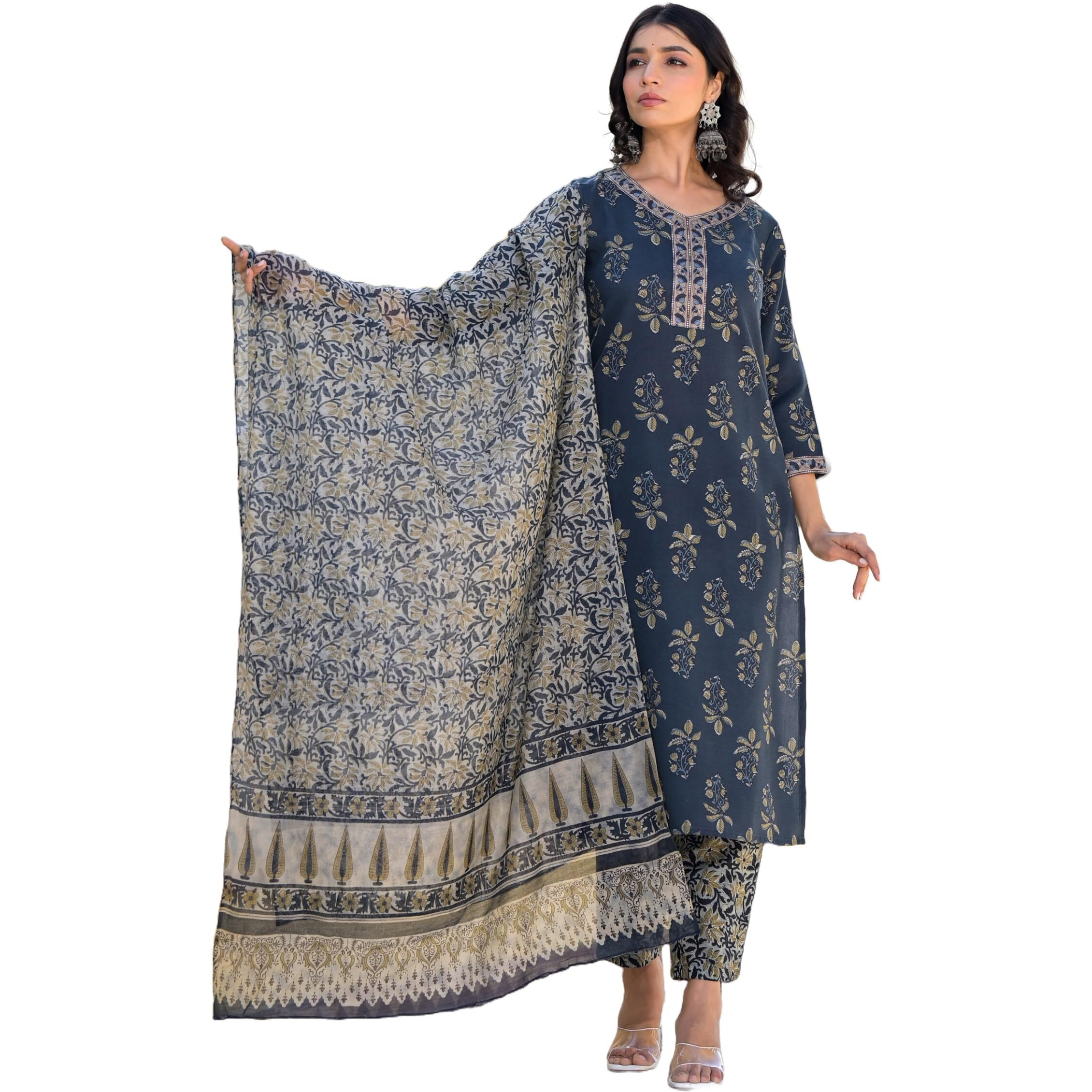 KLOSIA Women's Viscose Printed Kurta Pant with Dupatta | Ethnic Set | Printed | Suit | Styles | (Xx-Large), XX Large, Dark Blue