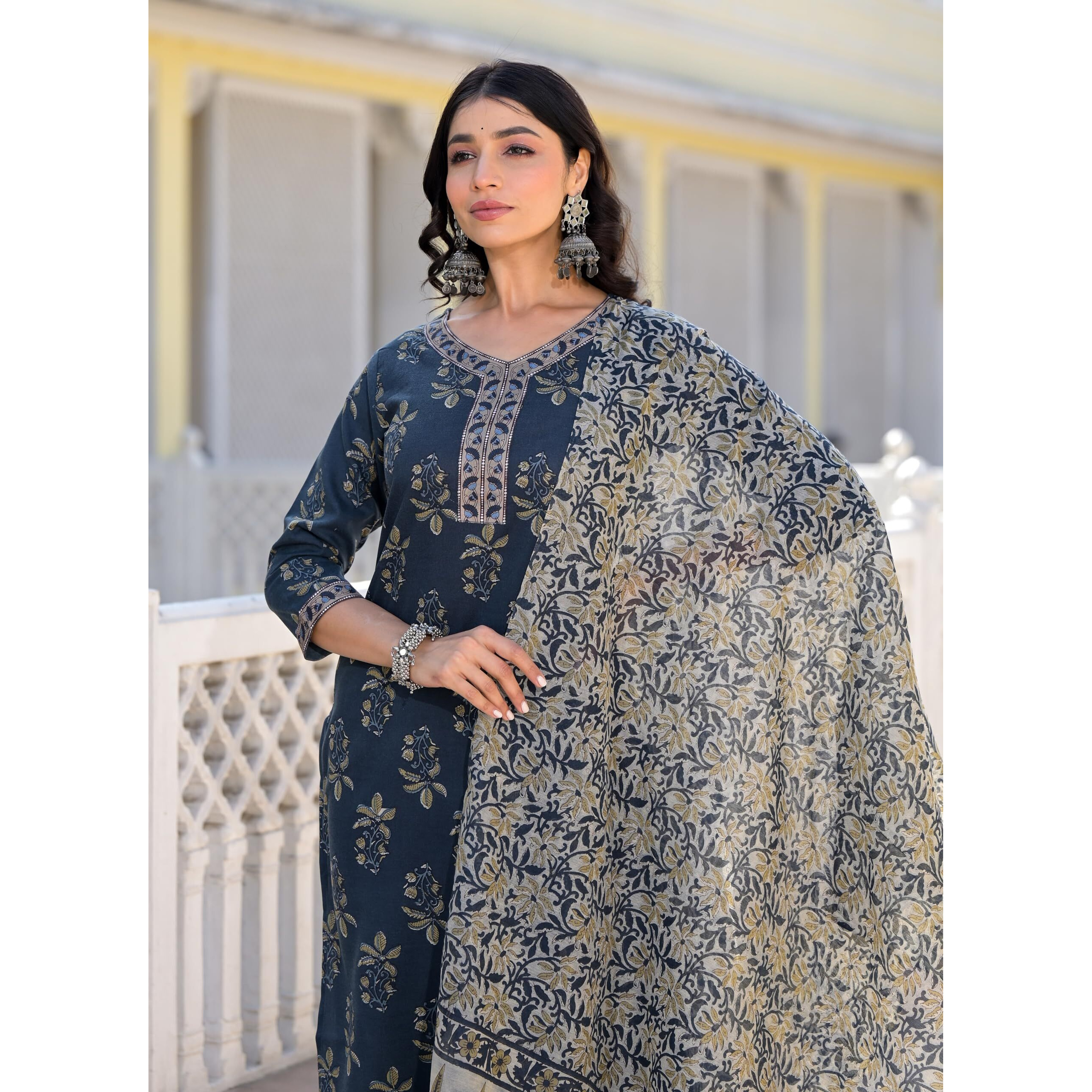 KLOSIA Women's Viscose Printed Kurta Pant with Dupatta | Ethnic Set | Printed | Suit | Styles | (Xx-Large), XX Large, Dark Blue