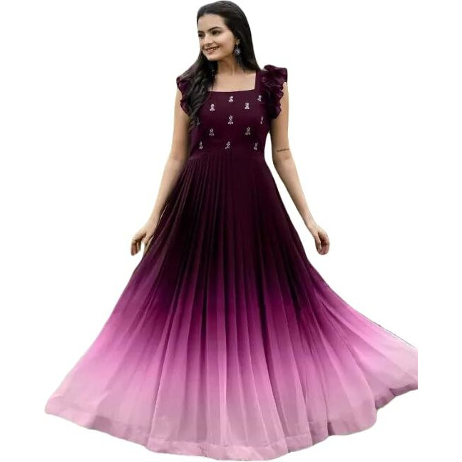 LAZZLY Women's Georgette Ankle Length Dual Shaded Flared Embroidered Gown Purple
