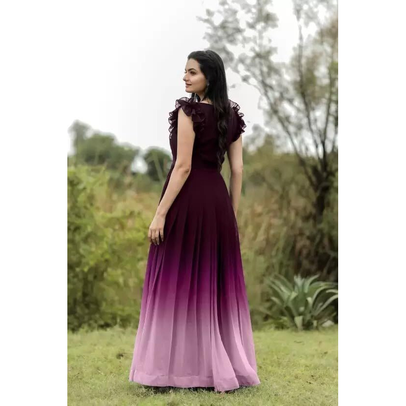 LAZZLY Women's Georgette Ankle Length Dual Shaded Flared Embroidered Gown Purple