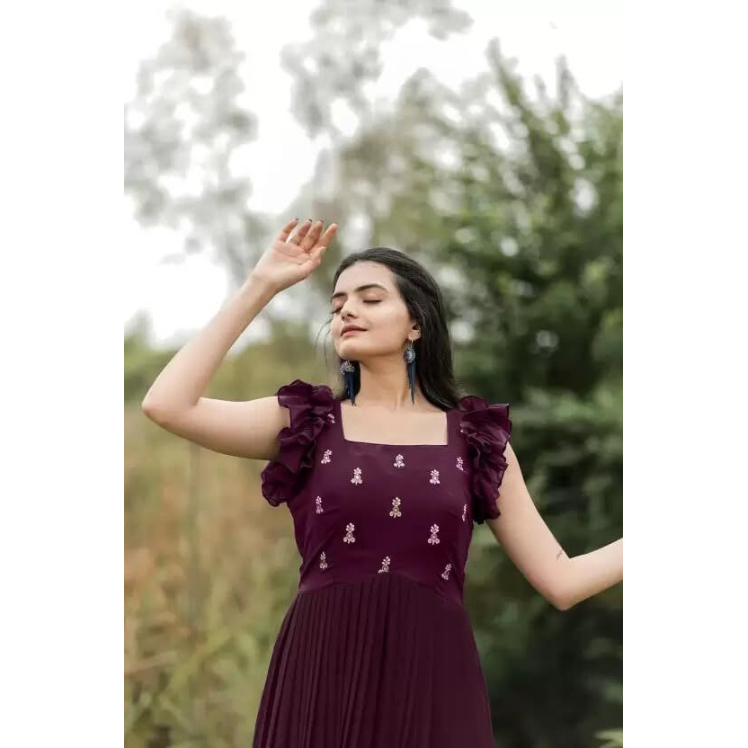 LAZZLY Women's Georgette Ankle Length Dual Shaded Flared Embroidered Gown Purple