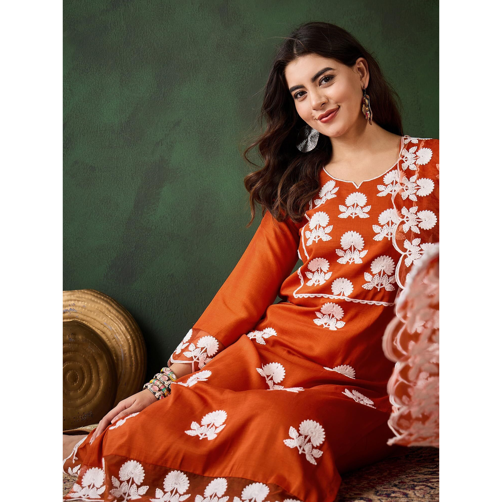 SheWill Women's Orange Chiffon Silk Kurta Set with White Thread Chain Stitch Embroidery| Straight Cut Kurta with Pant and Organza Dupatta | Diwali, Festive Ethnic Set for Women