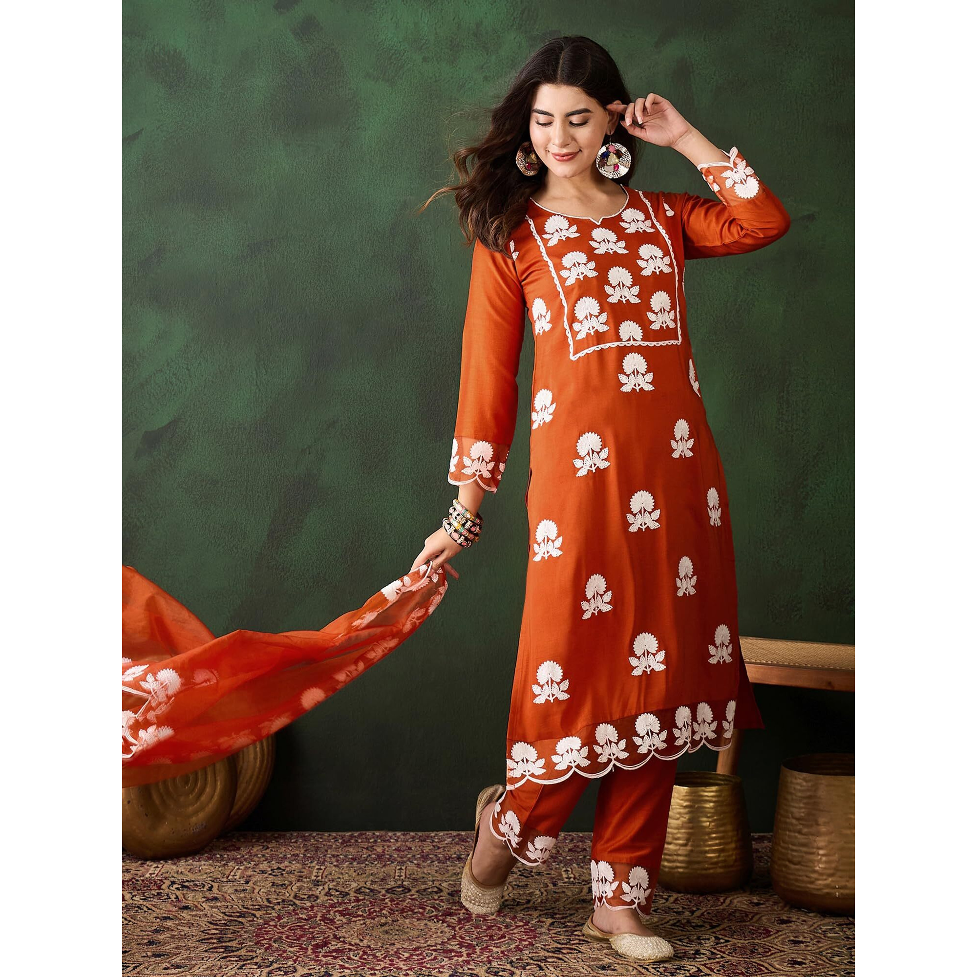 SheWill Women's Orange Chiffon Silk Kurta Set with White Thread Chain Stitch Embroidery| Straight Cut Kurta with Pant and Organza Dupatta | Diwali, Festive Ethnic Set for Women