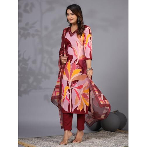 ANNI DESIGNER Women's Rayon Blend Printed Straight Kurta with Pant & Dupatta (KHISSU Maroon_L_Maroon_Large)