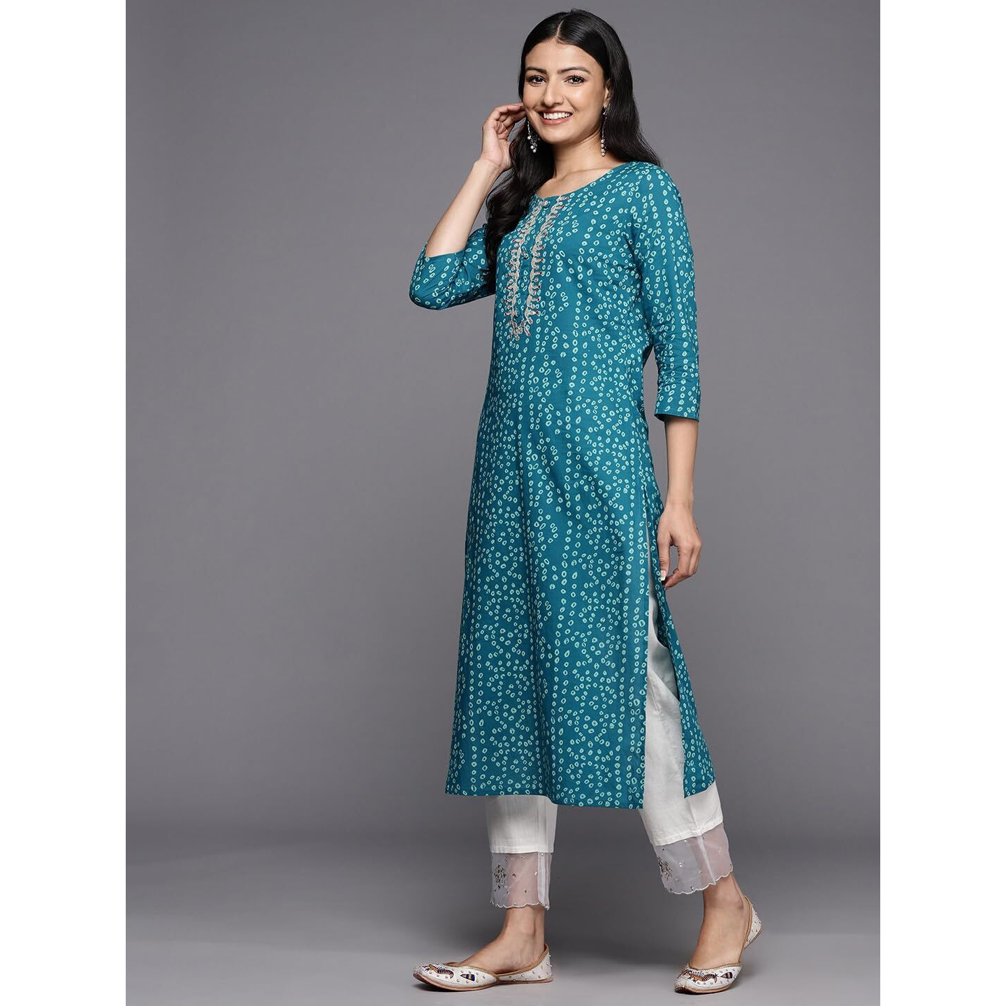 Varanga Women's Cotton Kurti for Women - Turquoise Blue Bandhani Printed Kurta - You Can Wear As Regular Wear, Office Wear (Double Extra Large)