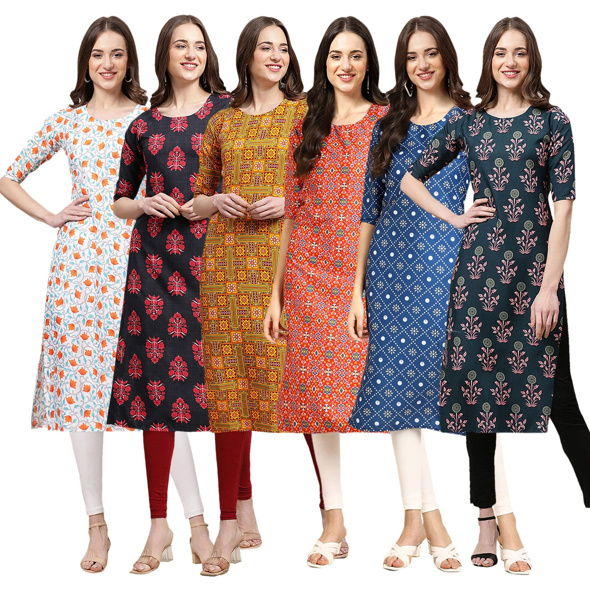 Pinkmint Women's Crepe Digital Print Straight Kurta(Pack of 6)[QV-334-345-333-365-353-335-L]