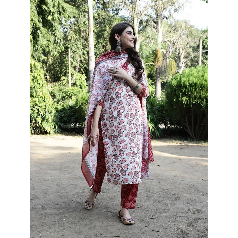 Pinkmint Salwar Suit For Women Cotton Flower Printed Kurta & Straight Pant With Dupatta