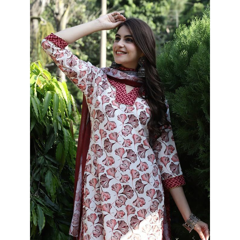 Pinkmint Salwar Suit For Women Cotton Flower Printed Kurta & Straight Pant With Dupatta