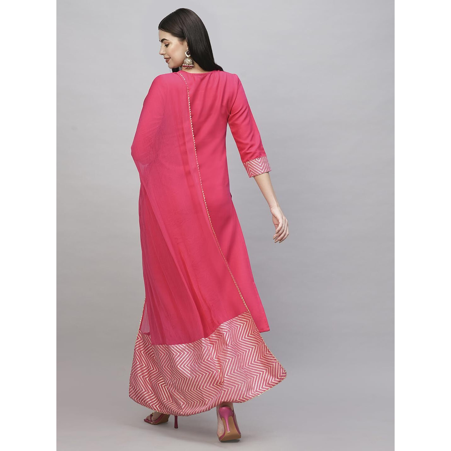 GoSriKi Women's Cotton Blend Straight Printed Kurta with Pant & Dupatta (KIKU Rani-GS_XXL_Pink_XX-Large)